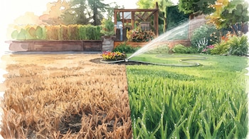 Ilustración de jardín con césped dividido en seco y verde, aspersor regando la parte verde, una manguera blanca, arbustos, flores y árboles en el fondo.