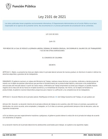 La Ley 2101 estableció la reducción de la jornada laboral en Colombia - crédito Función Pública