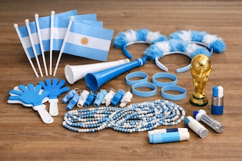 Banderas de Argentina, cornetas, vinchas, pulseras, silbatos, manos aplaudidoras, collares, trofeo Copa del Mundo y pinturas faciales sobre madera.