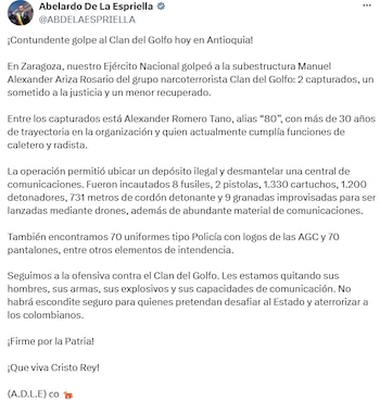 El presidente informó que la operación permitió afectar a la subestructura Manuel Alexander Ariza Rosario del Clan del Golfo. - crédito @ABDELAESPRIELLA/X