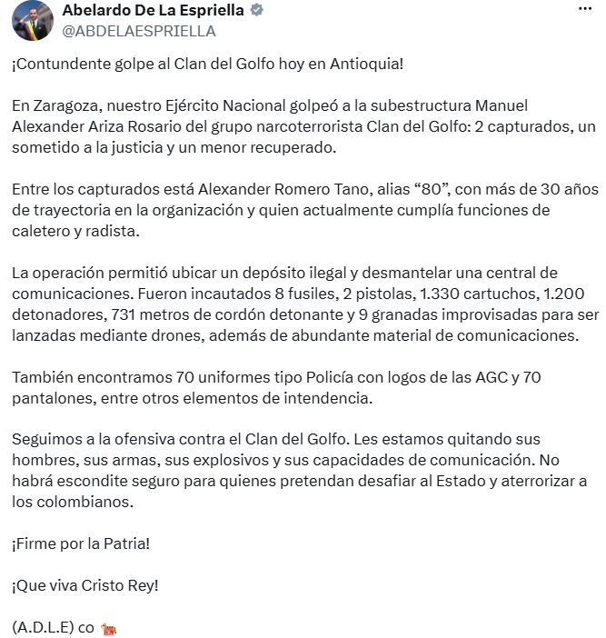 El presidente informó que la operación permitió afectar a la subestructura Manuel Alexander Ariza Rosario del Clan del Golfo. - crédito @ABDELAESPRIELLA/X