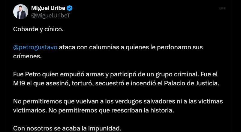 La respuesta de Uribe Turbay a las acusaciones de Petro - crédito @MiguelUribeT / X