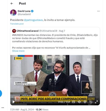David Luna destacó al presidente de Chile diciendo que en Venezuela hubo fraude electoral - crédito @lunadavid