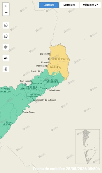 Mapa meteorológico de Misiones com áreas verdes e amarelas, cidades como Posadas, Eldorado e San Pedro e ícones de chuva e neve. Data de lançamento 25/05/2026