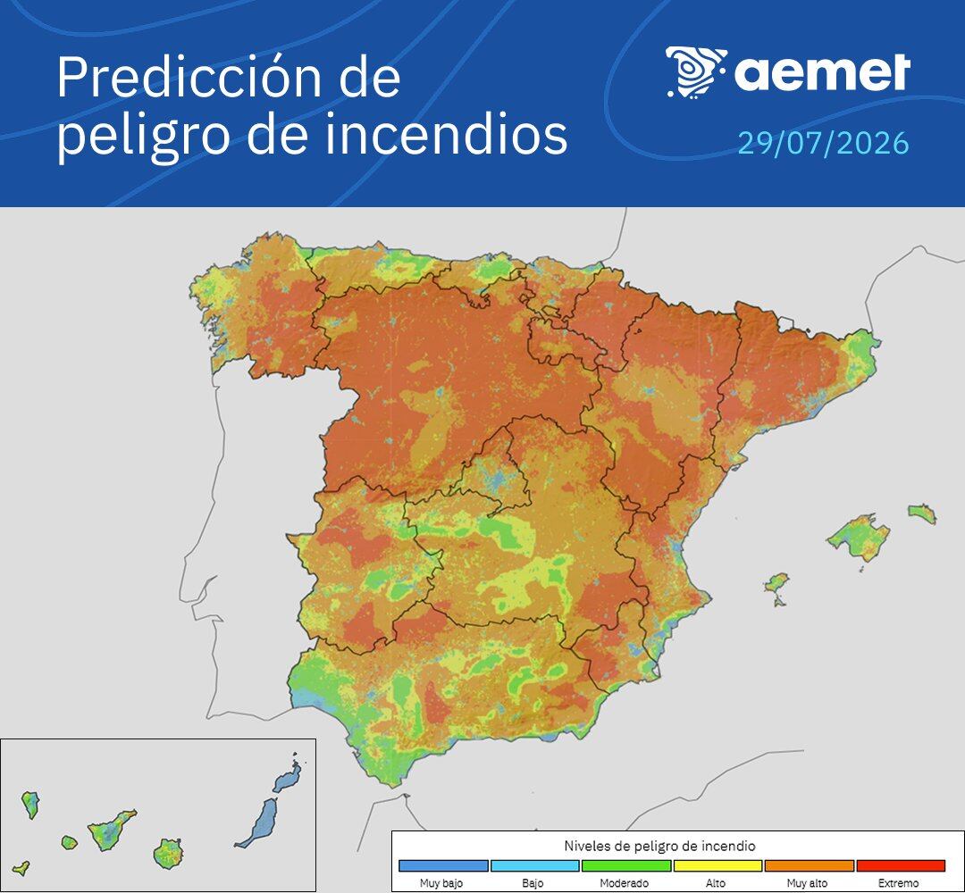 Riesgo de incendios en España este miércoles 29 de julio. (AEMET)