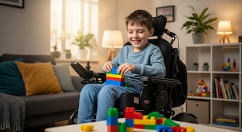 Niño sonriente de unos 6 años sentado en una silla de ruedas adaptada, jugando con bloques de colores sobre una mesa. Fondo de sala de estar luminosa.