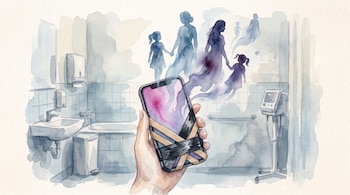 Una mano femenina sostiene un teléfono móvil con cinta negra y madera. Siluetas de mujeres y niñas emergen de la pantalla. Fondo de baño con lavabo y equipo médico.