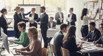 Varias personas en un evento de empleo; algunos se dan la mano, otros teclean en computadoras o revisan un tablero de anuncios de trabajo.