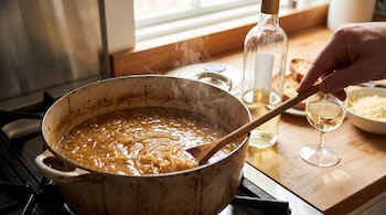 Olla con sopa de cebolla humeante sobre una estufa, mano revolviendo con cuchara de madera, botella y copa de vino blanco, pan tostado, tazón de queso rallado.