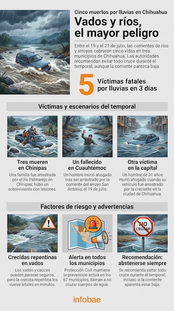 Infografía sobre cinco víctimas de temporal en Chihuahua. Contiene imágenes de vehículos en ríos crecidos, un hombre en el agua, calles inundadas y señales de advertencia.