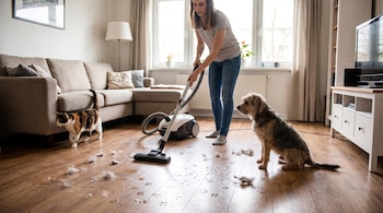 Mujer con aspiradora limpia piso de madera con pelo y huellas de mascotas. Perro y gato presentes, sofá, lámpara, ventana y televisor completan la escena