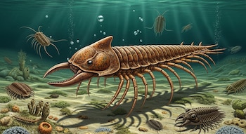 Ilustración submarina de Megachelicerax cousteaui, un gran artrópodo marrón anaranjado, con quelíceras, rodeado de trilobites y vida marina bentónica.