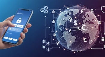 Mano con teléfono móvil mostrando pantalla de inicio de sesión. Junto al dispositivo, un globo terráqueo digital con símbolos de divisas y conexiones bancarias.