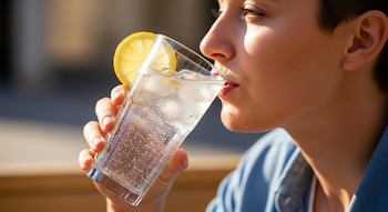Primer plano de una persona bebiendo un vaso de agua con gas, hielo y una rodaja de limón. Se observa la cara en perfil y el vaso burbujeante.