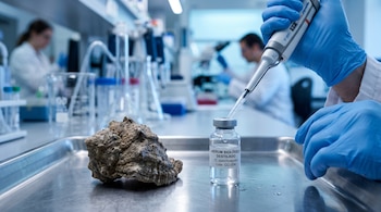 Manos con guantes azules usan una micropipeta en un vial junto a la concha de un molusco sobre una bandeja en un laboratorio.