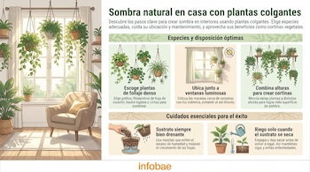 Infografía con ilustraciones de plantas colgantes en un salón, plantas en macetas, una ventana y gráficos sobre sustrato y riego. Contiene texto y el logo Infobae.