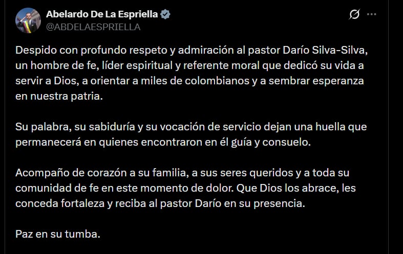 Abelardo de la Espriella aseguró que despide con profundo respeto y admiración al pastor Darío Silva-Silva - crédito @ABDELAESPRIELLA/X