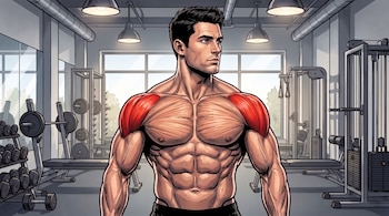 Ilustración de un hombre musculoso sin camiseta con los hombros marcados en rojo dentro de un gimnasio con pesas y máquinas