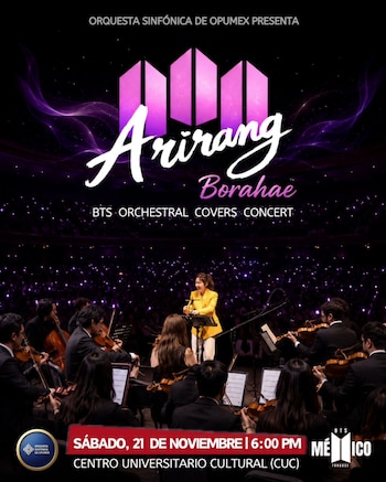 Cartel con el texto Arirang Borahae, una orquesta en escenario iluminada de morado y los datos de fecha y hora del concierto