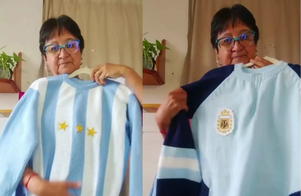 Sonia López se volvió viral tras compartir los buzos tejidos de la Selección Argentina que hizo para sus siete nietos (Captura de video)