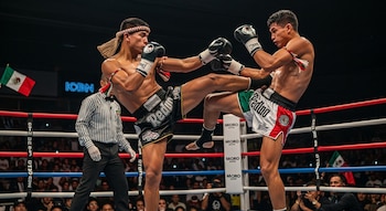 Dos luchadores de Muay Thai intercambian patadas en el centro de un ring de boxeo, con un árbitro y la bandera de México visibles en el fondo.