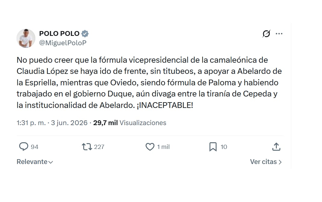 Este fue el mensaje con el que Miguel Polo Polo cuestionó a Juan Daniel Oviedo por su pronunciamiento frente a la segunda vuelta - crédito @MiguelPoloP/X