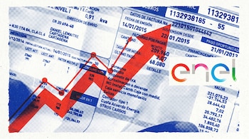 Imagen risográfica de una factura de luz azul con un gráfico de líneas rojo que indica un aumento en los costos y el logo de Enel.