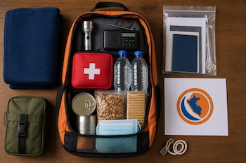 Vista superior de una mochila naranja abierta con linterna, radio, botiquín, agua, conservas, manta, documentos y el logotipo del INDECI.