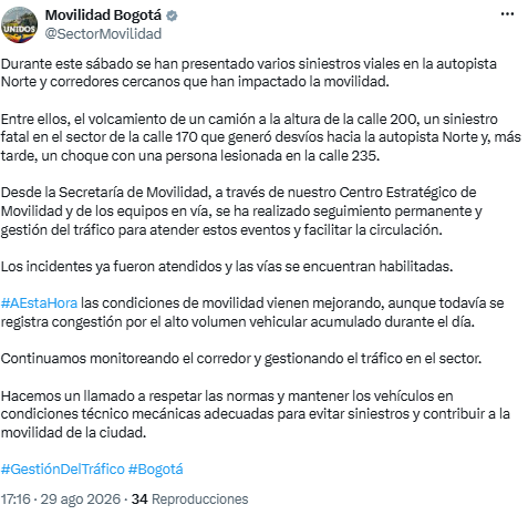 Secretaría de Movilidad habilita corredores tras jornada crítica y llama a la prevención en la capital - crédito @SectorMovilidad/X