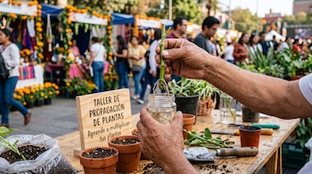 Unas manos sostienen un tallo verde con raíces sobre un frasco de agua, junto a macetas de barro y un cartel informativo de madera.