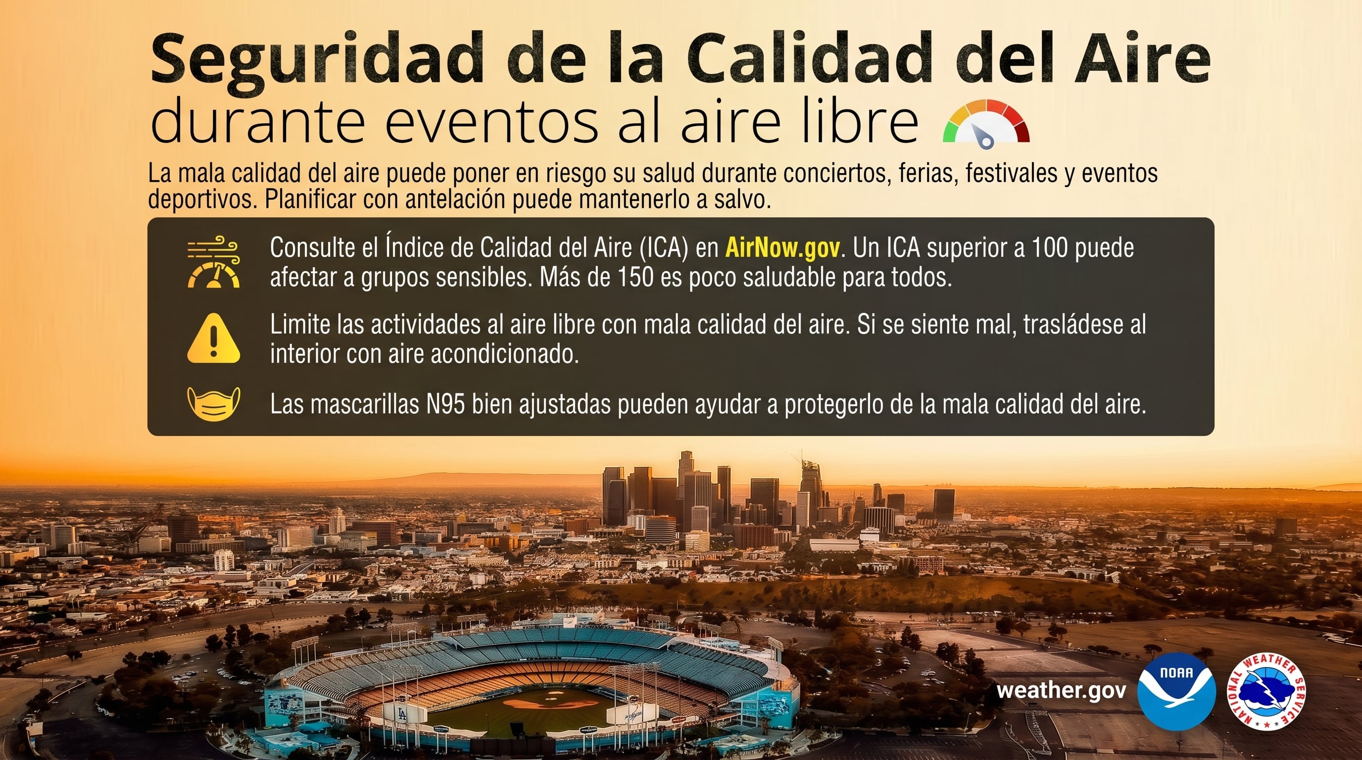 Una infografía de la NOAA y el Servicio Meteorológico Nacional ofrece pautas para mantener la seguridad ante la mala calidad del aire en eventos al aire libre. (Imagen Ilustrativa Infobae)
