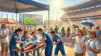 Personal médico asiste a un fan con golpe de calor en una camilla bajo una carpa en un estadio. Otros espectadores se refrescan. Una pantalla muestra 40°C.