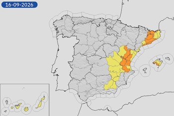 Mapa de alertas meteorológicas para este miércoles, 16 de septiembre de 2026. (Aemet)