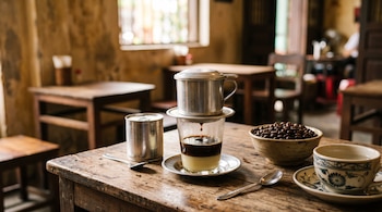 Un vaso de vidrio con un filtro metálico, una lata, un tazón de granos de café y una taza descansan sobre una mesa de madera.