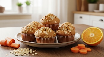 Seis muffins de avena sobre un plato blanco, con zanahorias y una naranja cortada a su lado, en una mesa de madera con fondo de cocina.