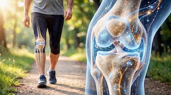 Piernas de una persona caminando sobre un sendero de tierra, con una representación translúcida de la articulación de la rodilla y puntos de luz.