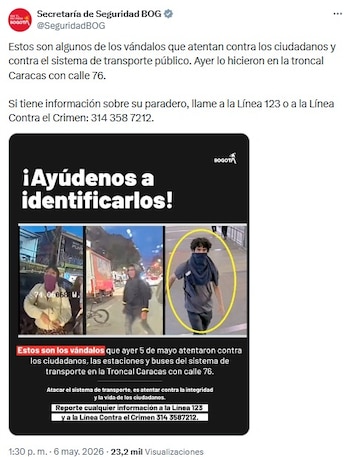 Secretaría de Seguridad reveló los rostros de los responsables de los disturbios en Bogotá el 5 de mayo - crédito @SeguridadBOG/X