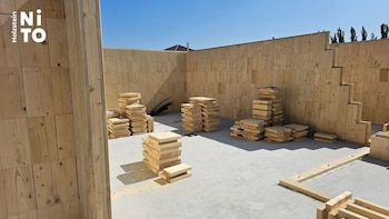 Estructura de una vivienda con los bloques prefabricados de la empresa alemana. (NiTO Holzstein)