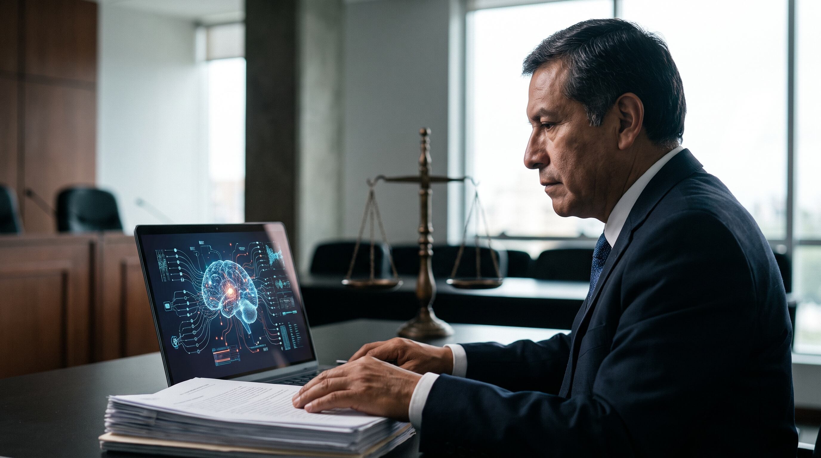 Un árbitro profesional en Perú examina documentos legales y una representación de inteligencia artificial en una laptop, lo que indica el uso de la tecnología como apoyo en la toma de decisiones. (Imagen Ilustrativa Infobae)