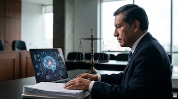 Un hombre en traje revisa documentos en un escritorio, con una laptop que muestra un cerebro digital y una balanza de justicia en el fondo.