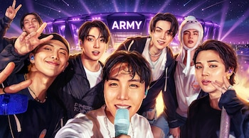 Ilustración artística de los siete miembros de BTS posando sonrientes. Detrás, un estadio púrpura brillante con la palabra 'ARMY' y un cielo estrellado.