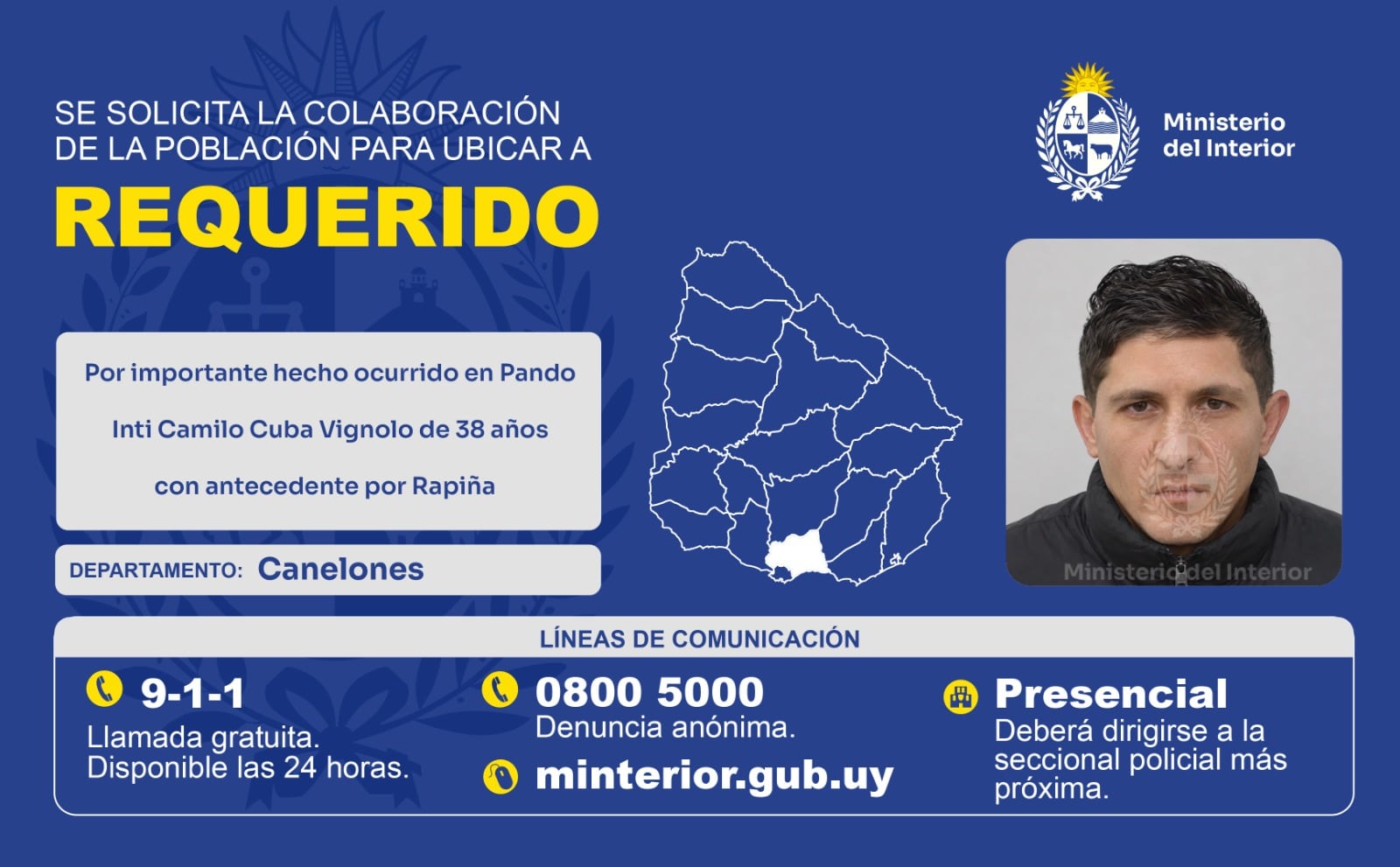 Uno de los requeridos por el robo a un banco en Uruguay (Ministerio del Interior)