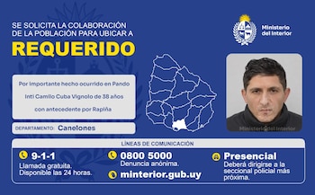 Uno de los requeridos por el robo a un banco en Uruguay (Ministerio del Interior)