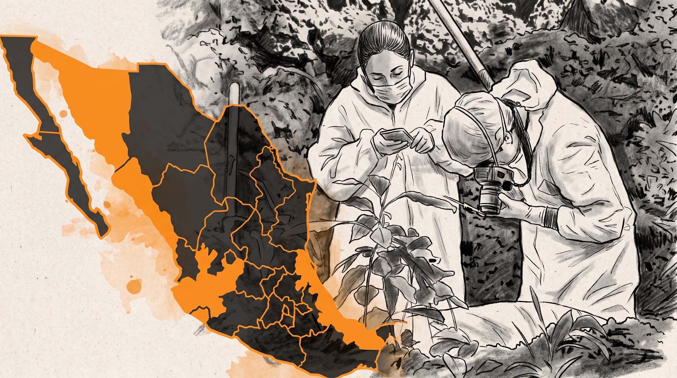Dos peritos forenses realizan tareas de documentación en un terreno rural junto a un mapa de México con divisiones territoriales demarcadas. (Imagen Ilustrativa Infobae)