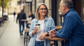 Mujer con gafas, camisa de jean y cabello gris sostiene un vaso de café con logo "Argentina", conversando con un hombre de camisa azul en una calle urbana.