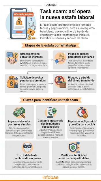 Ilustración de un celular con una oferta de empleo, un candado abierto y un anzuelo. Diagrama con etapas de estafa y claves de identificación.