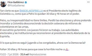 Federico Gutiérrez afirmó que a Gustavo Petro le quedan 30 días en el poder - crédito @FicoGutierrez/X