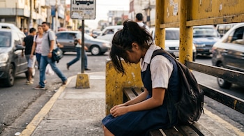Una joven con uniforme escolar y mochila está sentada de perfil con la cabeza baja en una parada de autobús frente a una calle concurrida.