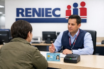 Mostrador de oficina con dos personas, una de espaldas y otra de frente, un DNI electrónico, un lector de tarjetas inteligentes y el logo de RENIEC en la pared.