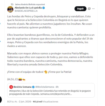 El candidato Abelardo de la Espriella se refirió a incidente ocurrido con un bus de la selección Colombia, en el que pegaron propaganda electoral del candidato Iván Cepeda - crédito @ABDELAESPRIELLA/X